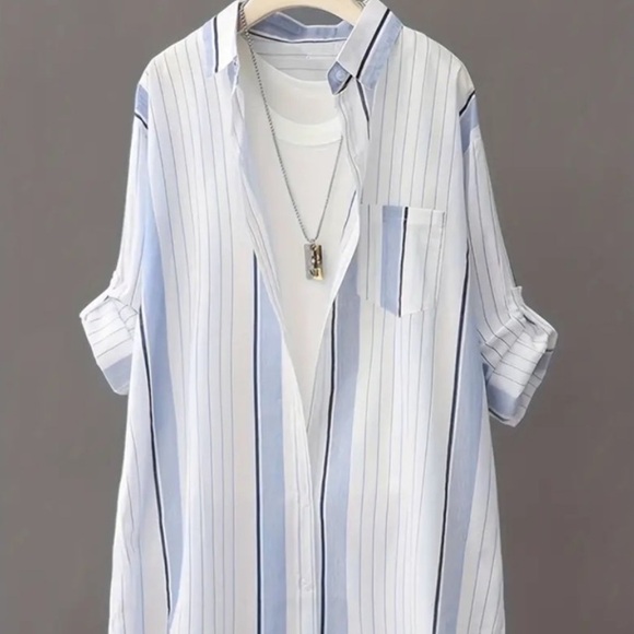 Striped Blouse with Lapel Neck - Long Sleeve Button-Down & Front Pocket Design - Picture 4 of 9